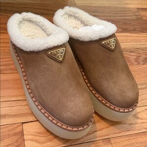 Prada Tan Shearling Mules